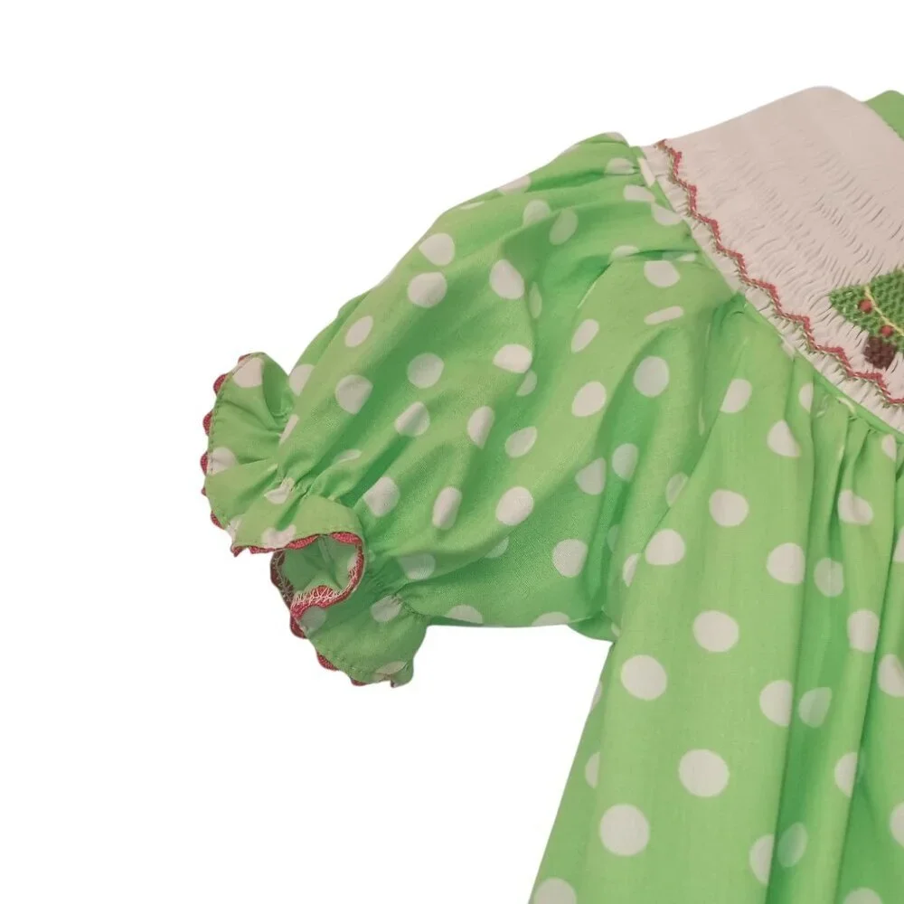 Lollypop Kids Christmas Smocked Little Girl's Dress Green & White Polka Dots 3T